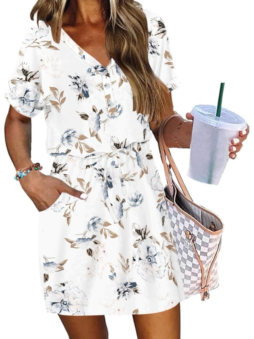 🌸 Floral Plus V-Neck Tie-Waist Dress - White Blue & Tan